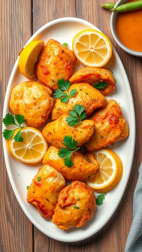 Crispy lemon pepper chicken served with lemon wedges and parsley on a rustic wooden table.